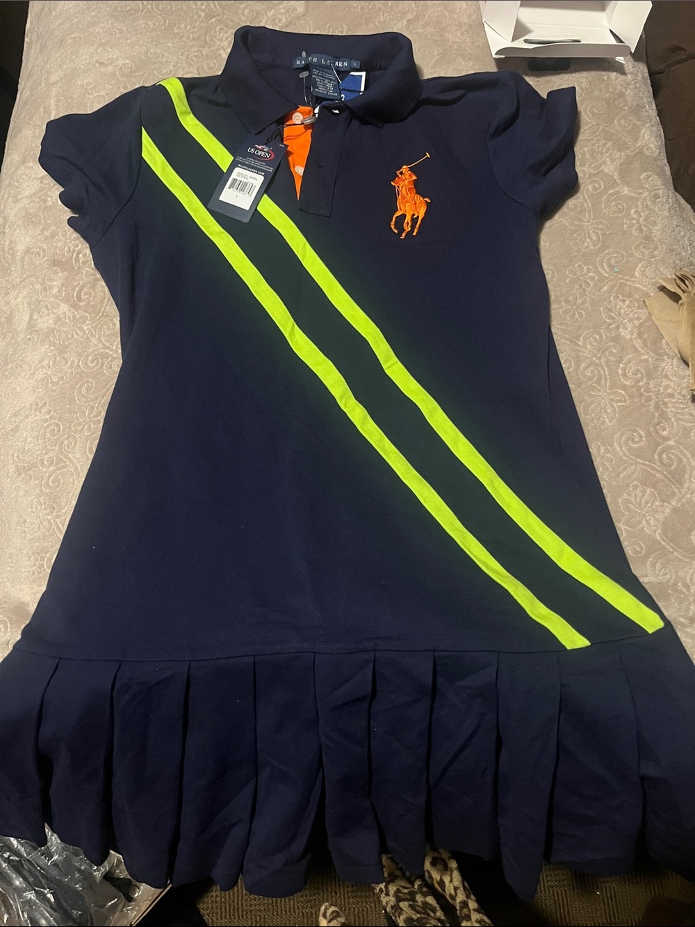 Polo by Ralph Lauren Navy Polo Dress with Neon Yellow Stripes and Orange Pony